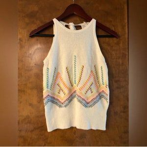 Anthropologie white with geometric pattern sleeveless top neck tie size XS
